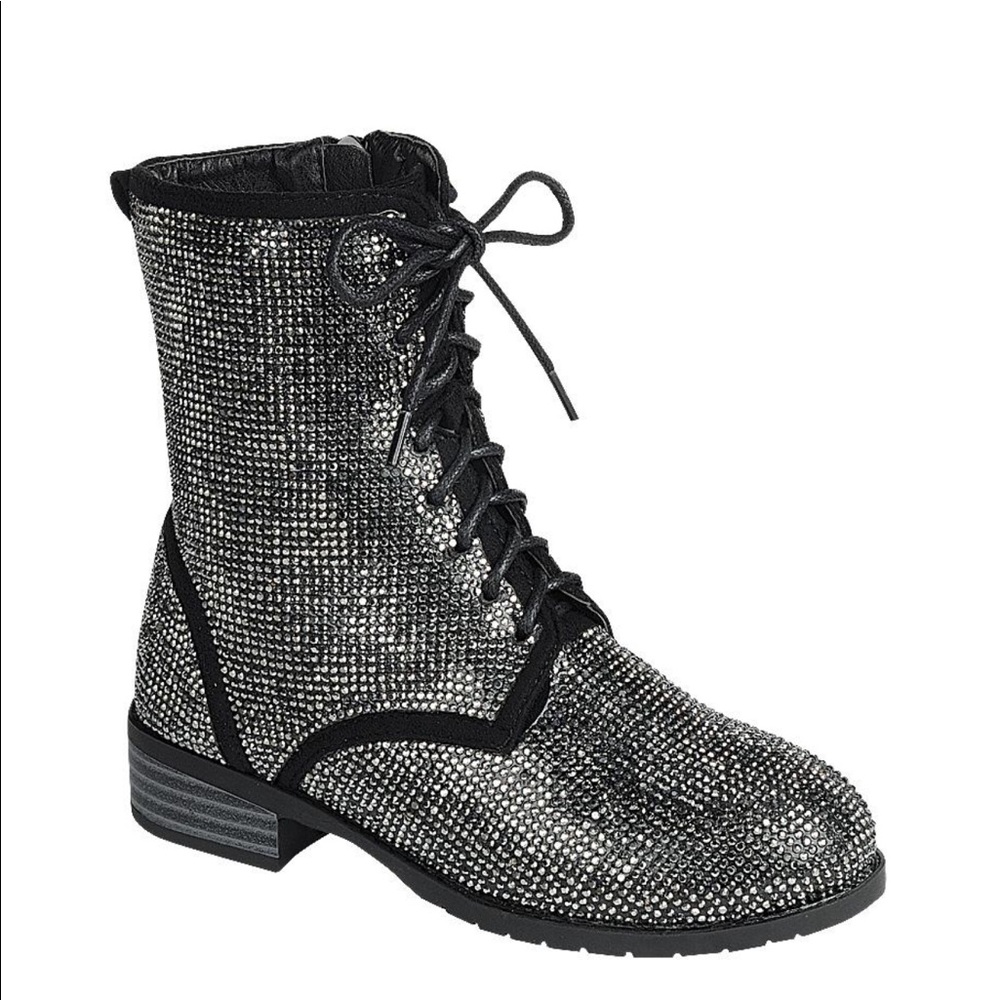 Black/Silver Combat Rhinestone Bootie Laced Up - Picture 2 of 7